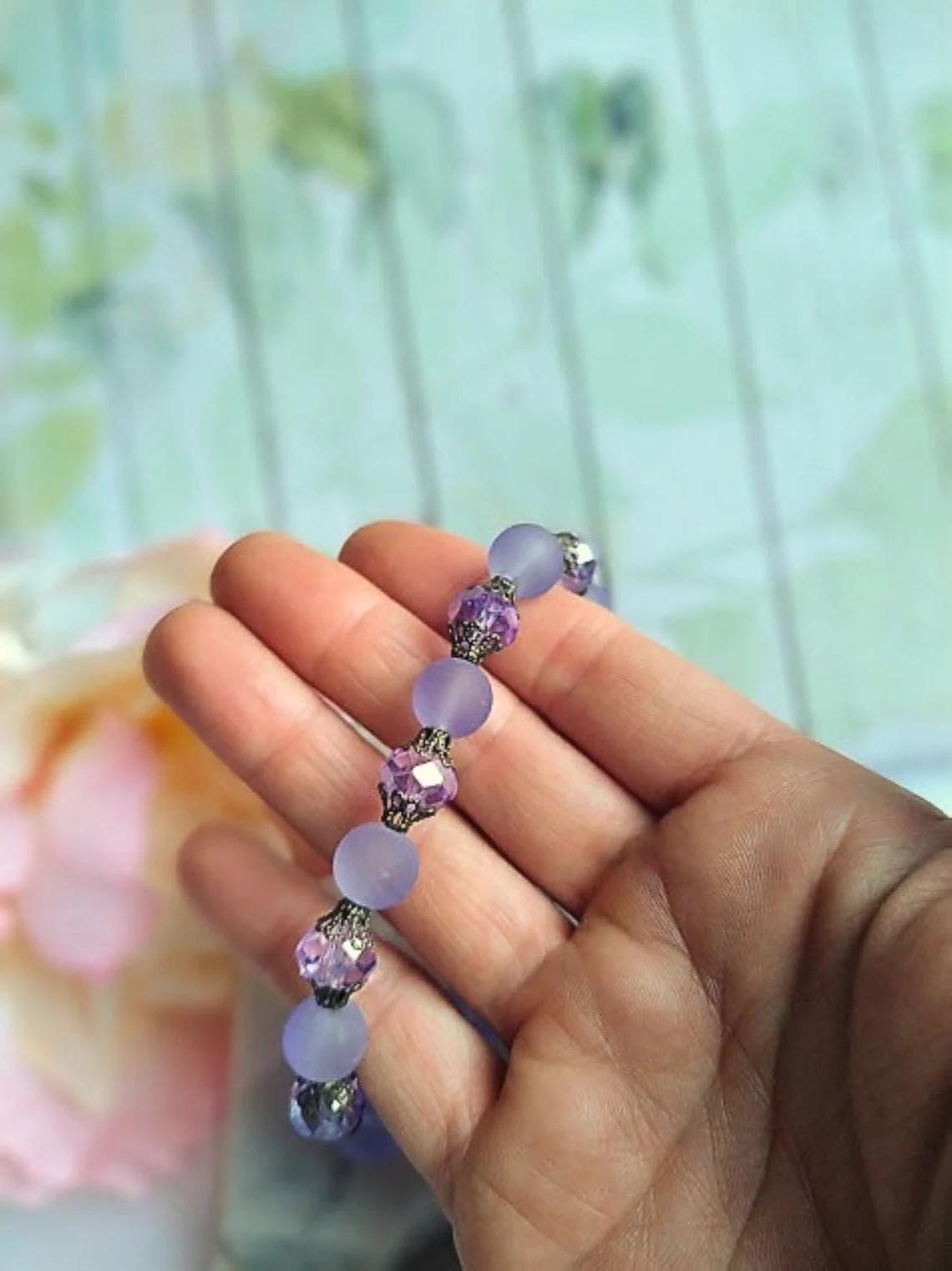 Purple Sea Glass Stretch Bracelet: Antique Brass Gemstone