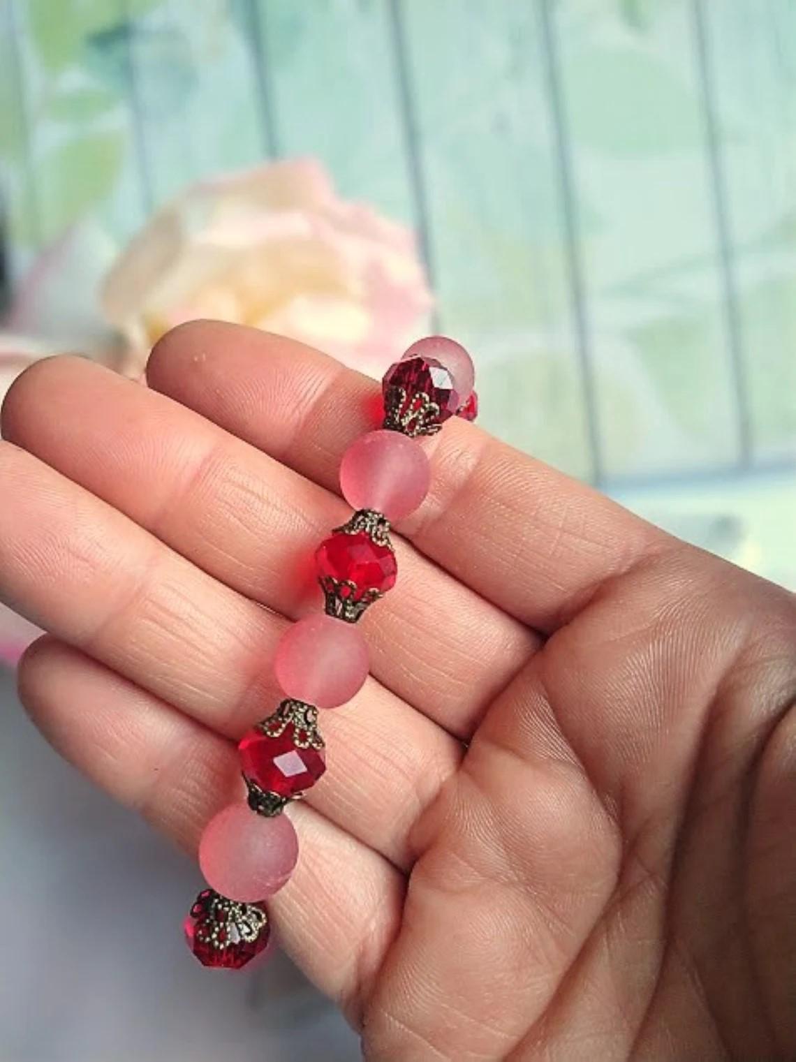 Red Sea Glass Stretch Bracelet: Antique Brass & Crystal
