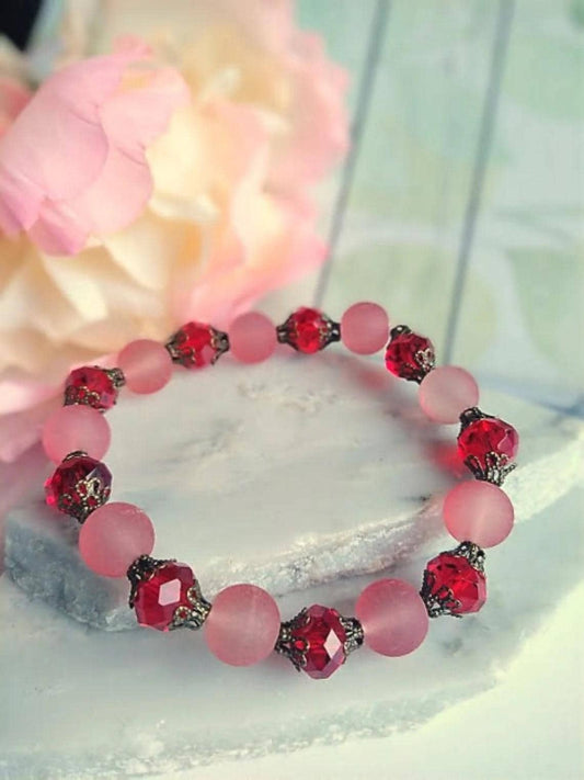 Red Sea Glass Bracelet, Stone Stretch Bracelet, Healing Gemstone Bracelet, Bridal Bridesmaid Bracelet, Antique Brass Bracelet, Gift For Her