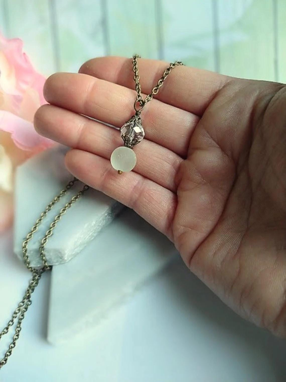 White Sea Glass Pendant Necklace: Dainty Brass Chain