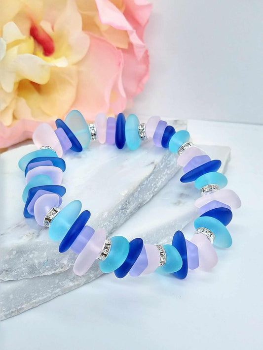 Handmade Sea Glass Stretch Bracelet: Sterling Silver Crystal Accents