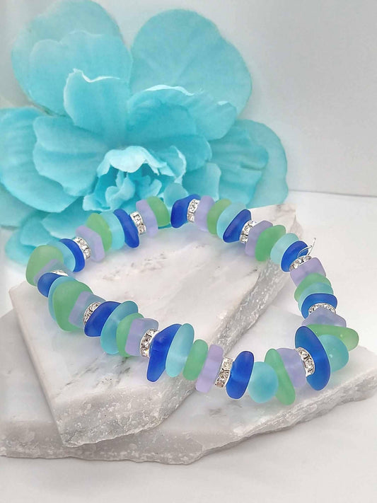 Multicolor Seaglass Stretch Bracelet: Beaded Floral Jewelry