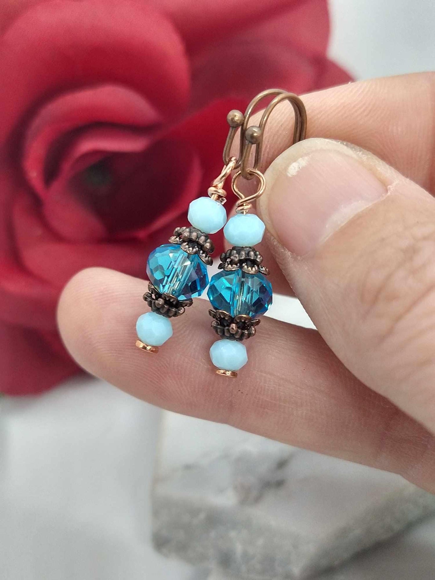 Rustic Rose Gold Copper Earrings Transparent Glass Dangle Earrings Oxidized Antique Boho Earrings  Jewelry Gift For Her Vintage Bridal Drops