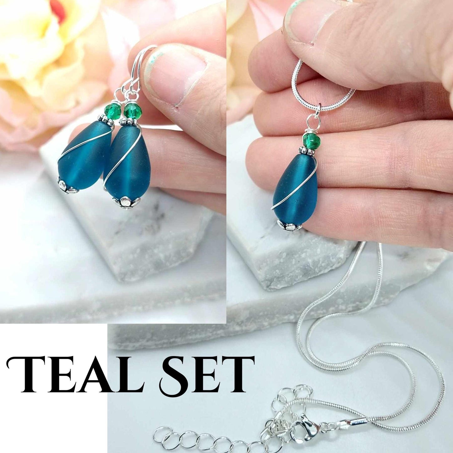 Blue Seaglass Teardrop Dangle Earrings: Sterling Silver, Minimalist Gift