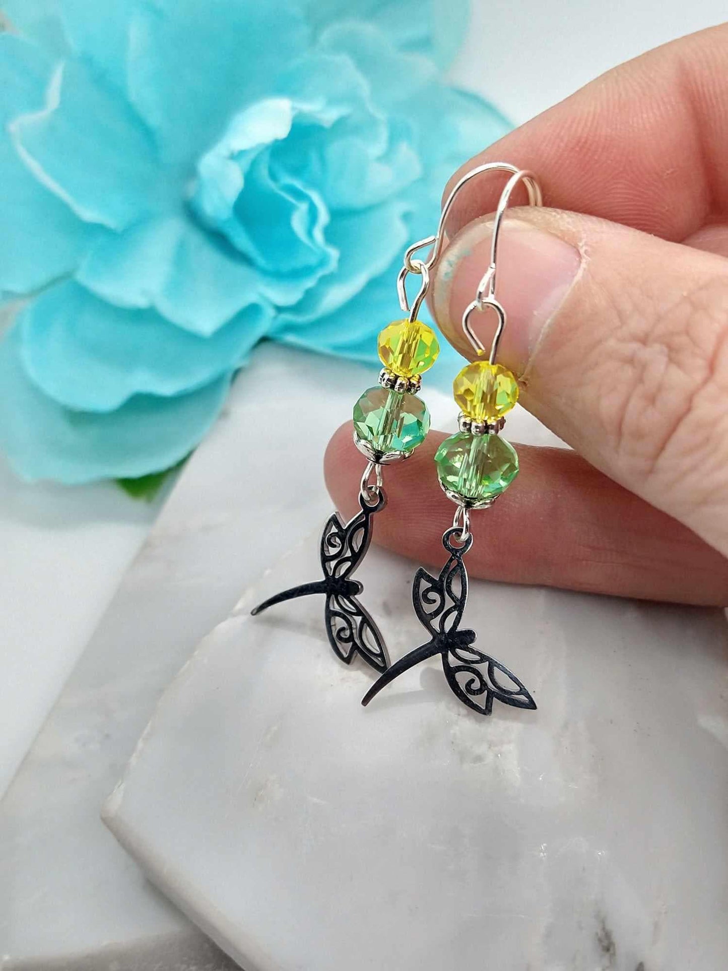 Dragonfly Charm Earrings with Glass Dangles - Stainless Steel Jewelry - Gift For Nature Lover - Dragonfly Jewelry