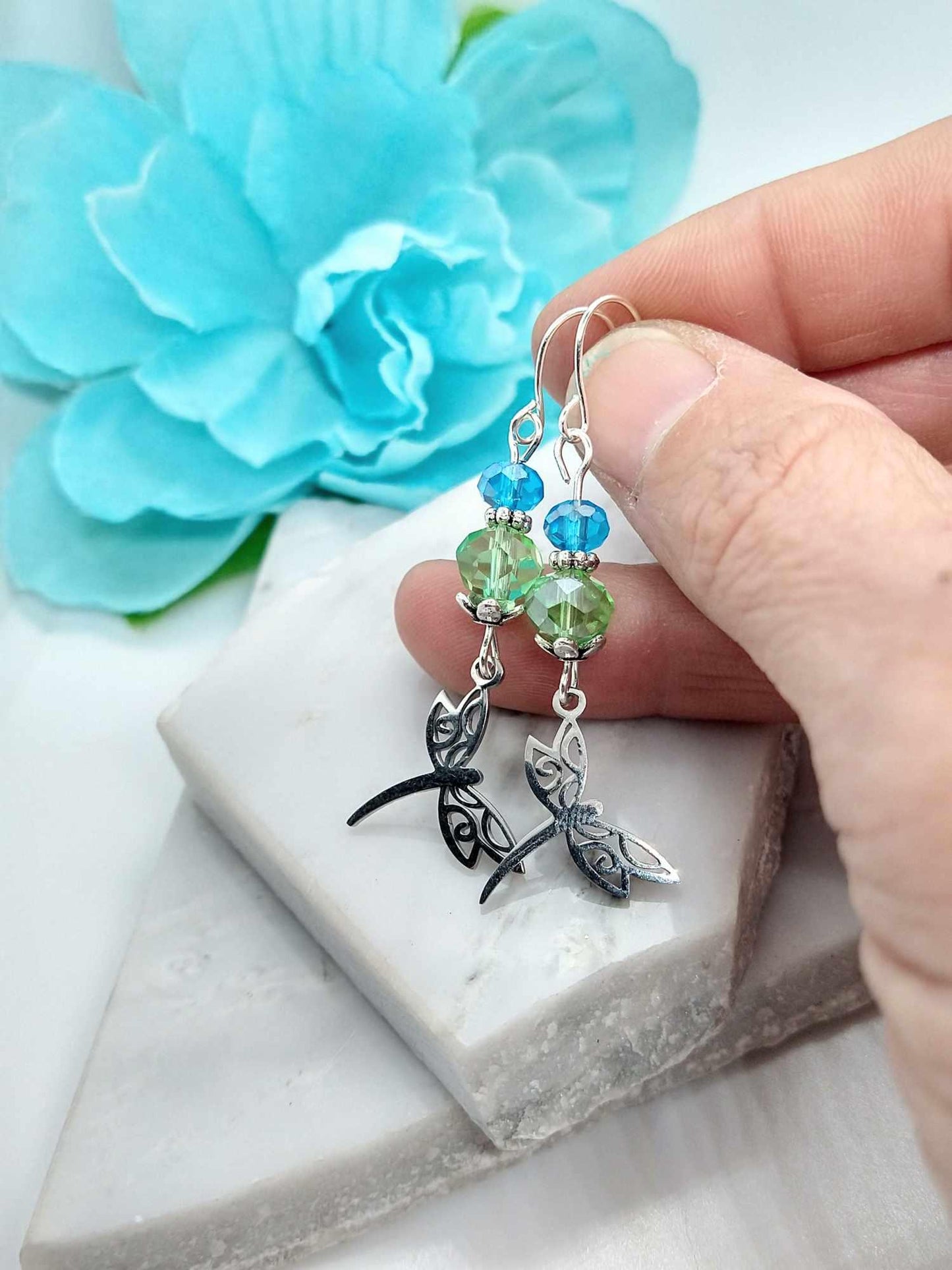 Dragonfly Dangle Earrings: Stainless Steel with Faceted Glass Beads