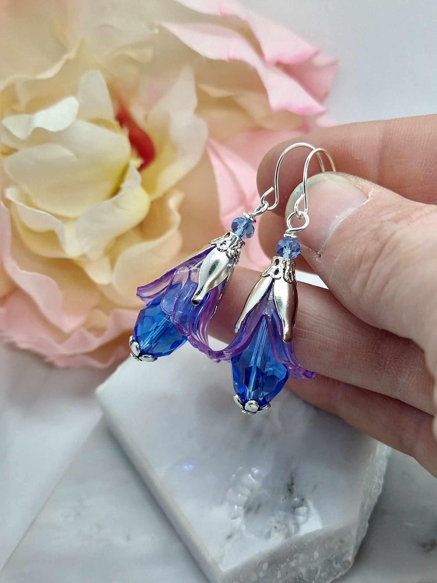 Bold Purple Floral Dangle Earrings, Unique Flower Jewelry, Gift Idea For Her, Bridal Earrings, Nature Inspired Drops