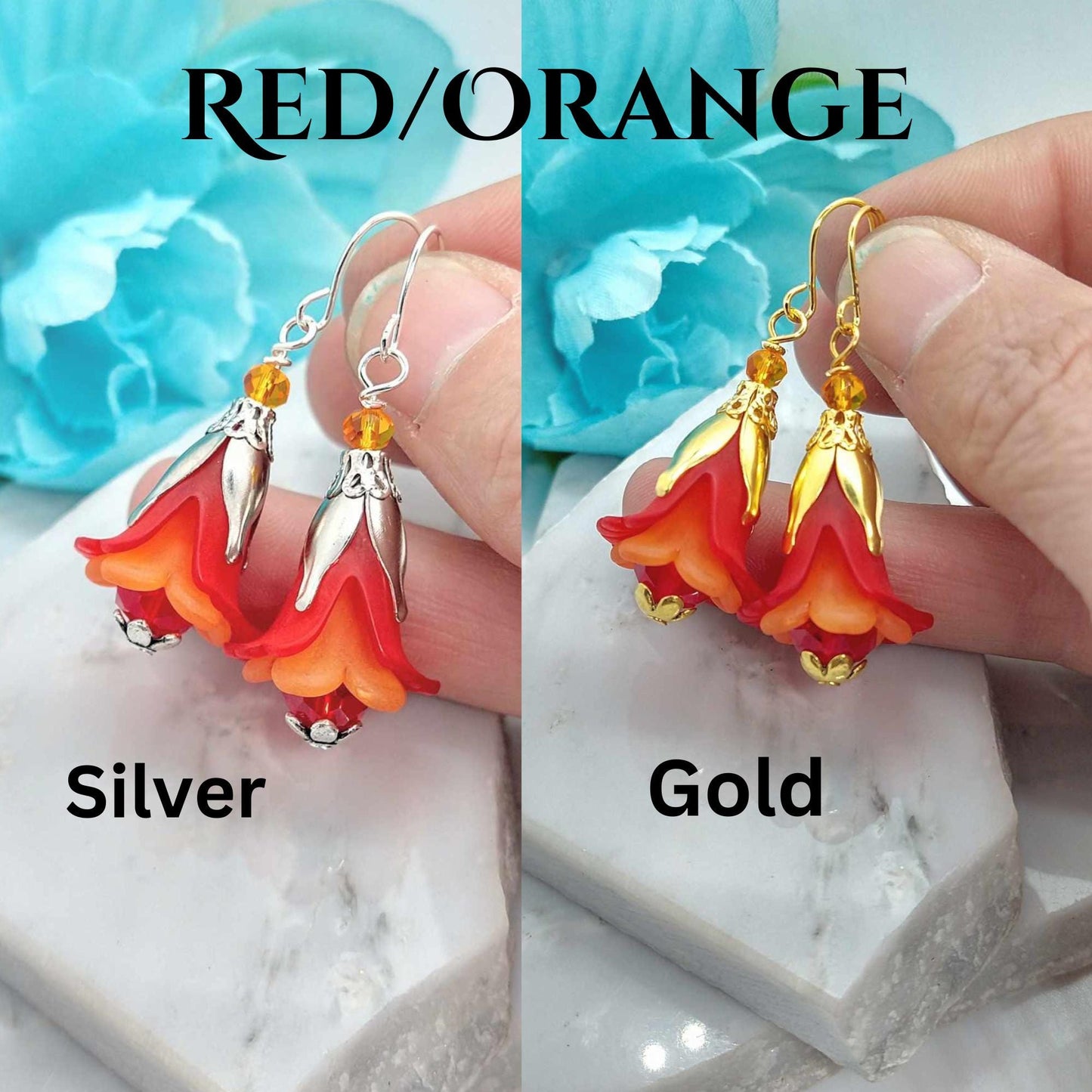 Red Floral Dangle Earrings: Acrylic Flower, Sterling Silver Option