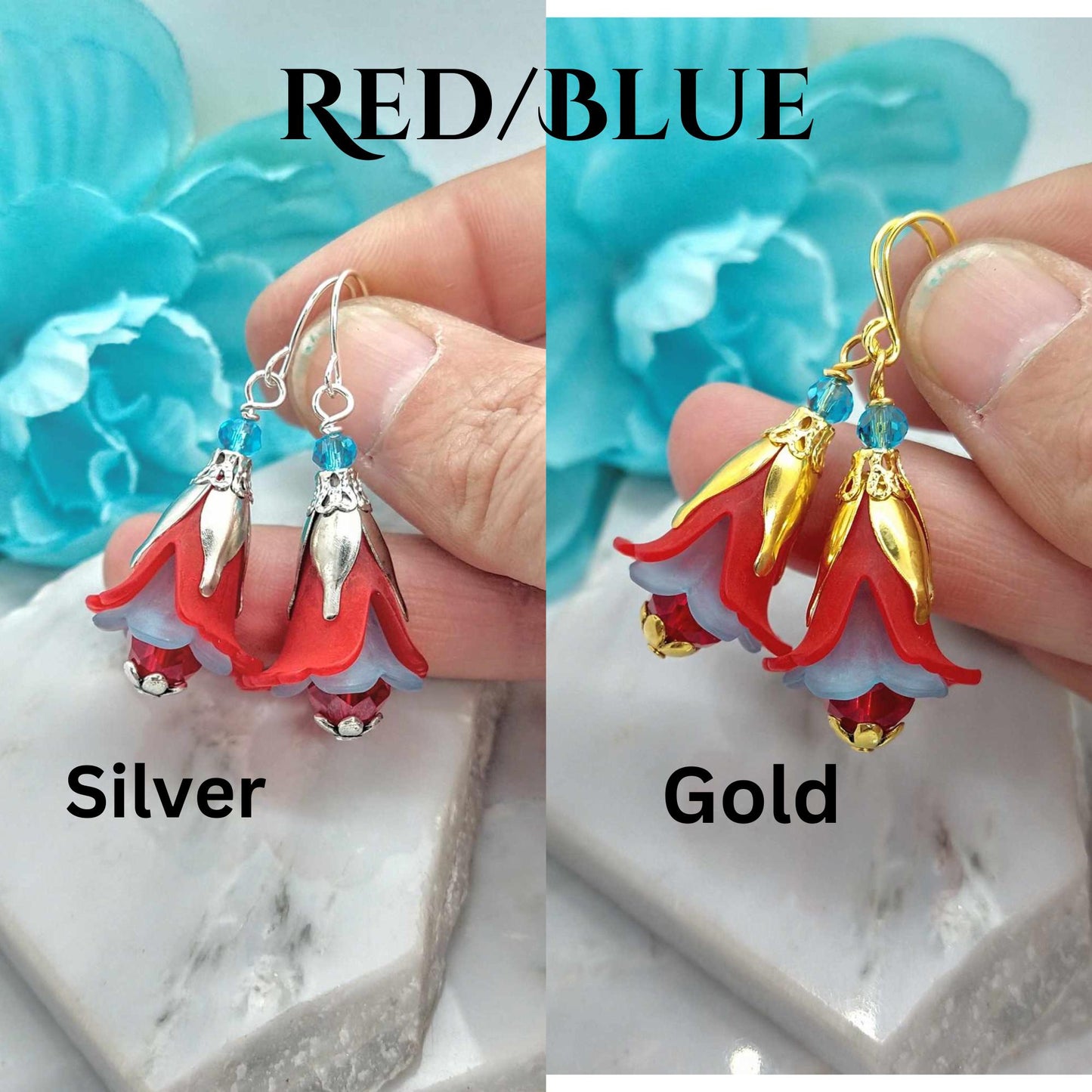 Red Floral Dangle Earrings: Acrylic Flower, Sterling Silver Option