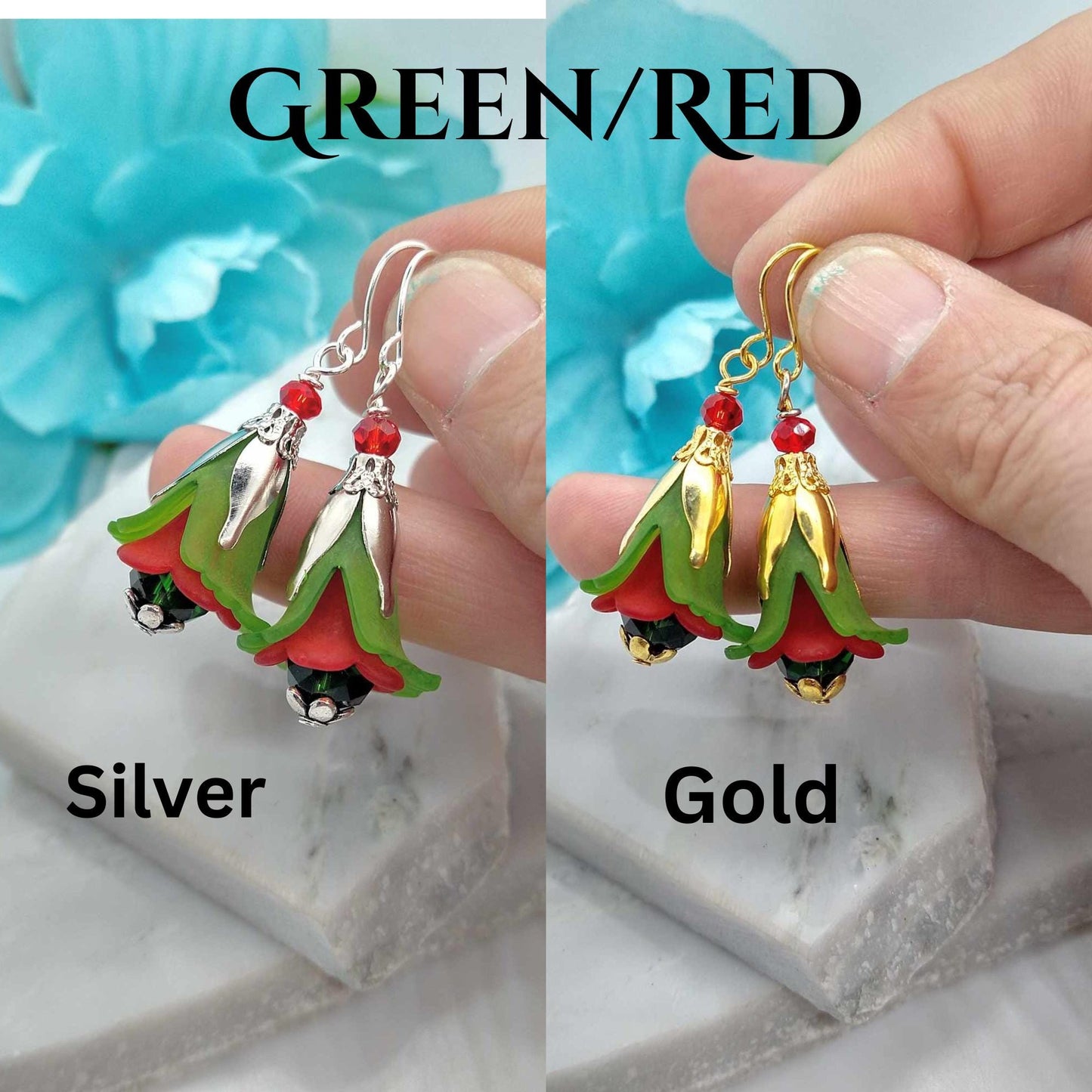 Christmas Flower Earrings | Red & Green Holiday Dangle Earrings | Handmade Festive Jewelry for Her | Lightweight Christmas Earrings