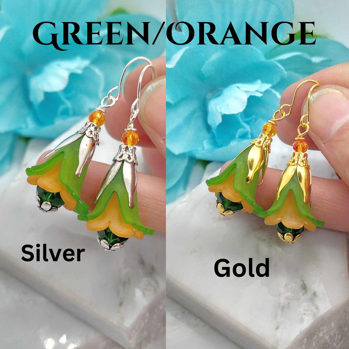 Green Floral Dangle Earrings: Sterling Silver Flower Jewelry