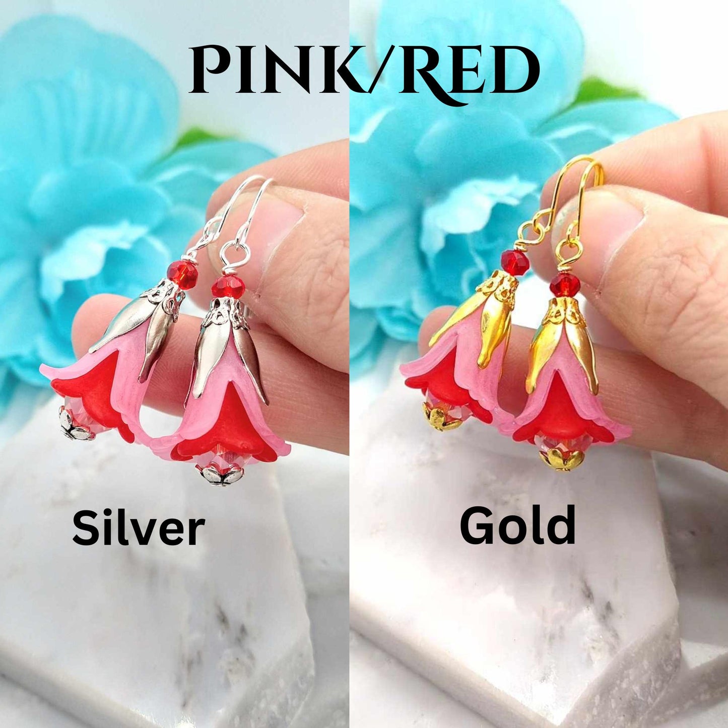 Bold Pink Floral Dangle Earrings, Unique Flower Jewelry, Gift Idea For Her, Bridal Earrings, Nature Inspired Drops, Sterling Silver