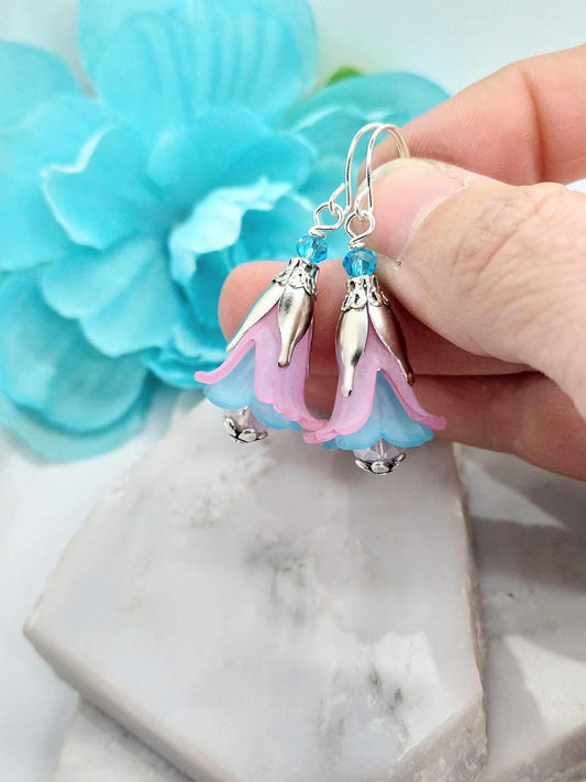 Bold Pink Floral Dangle Earrings, Unique Flower Jewelry, Gift Idea For Her, Bridal Earrings, Nature Inspired Drops, Sterling Silver