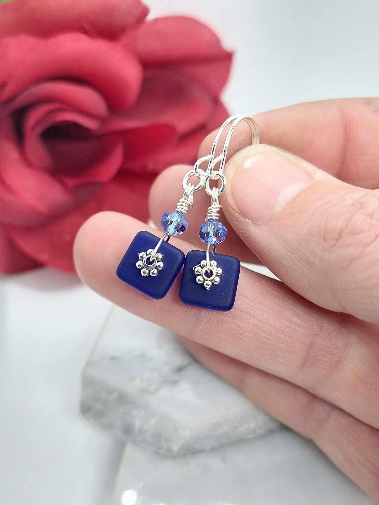 Minimalist Sterling Silver Seaglass Earrings: Dainty Blue Dangles