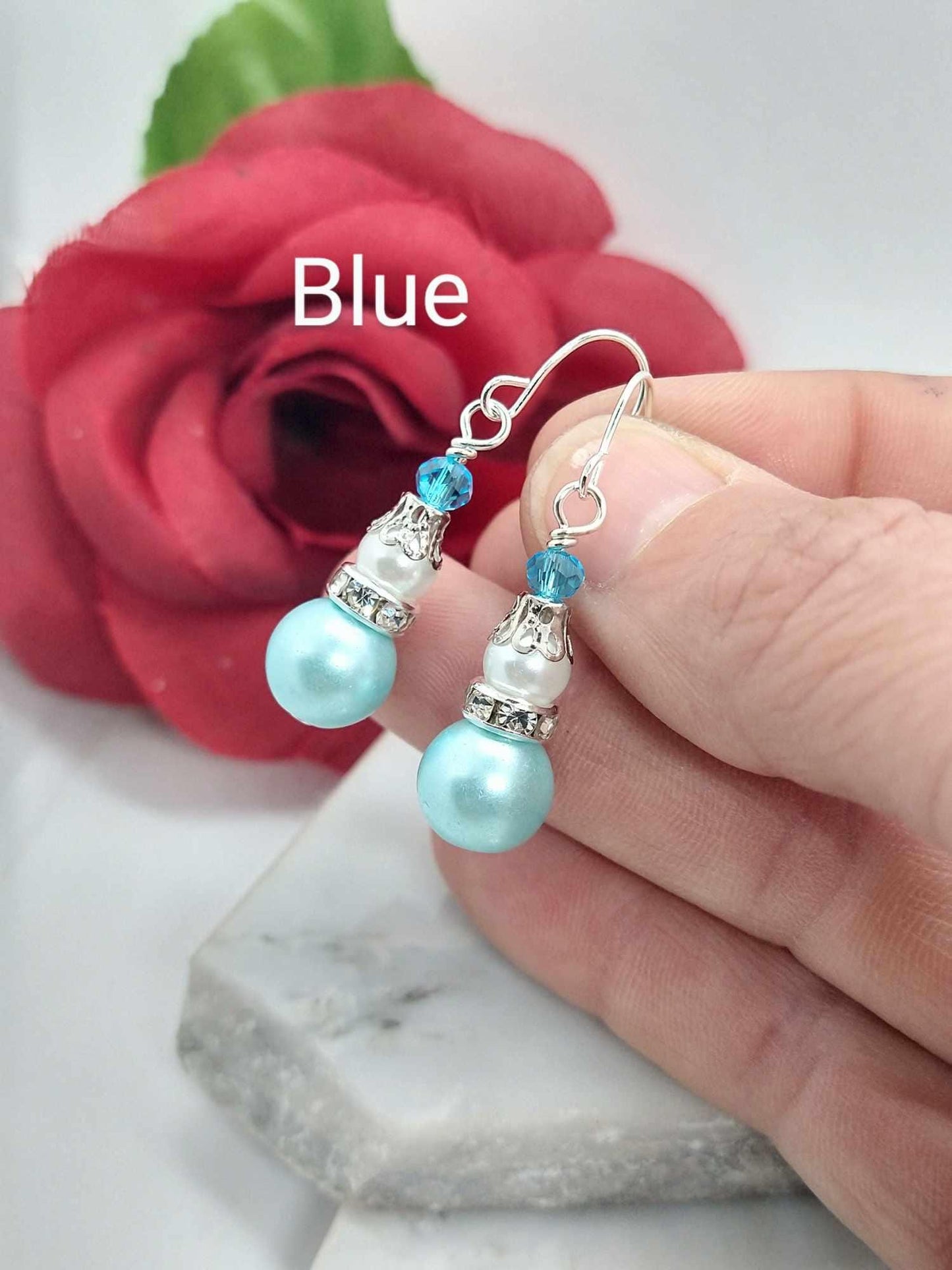 Sterling Silver Pearl Dangle Earrings: Green Crystal Rhinestone Jewelry