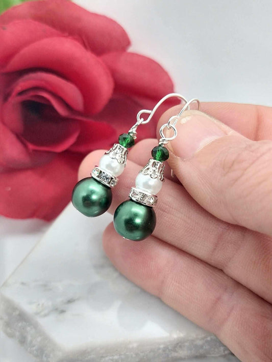 Sterling Silver Pearl Dangle Earrings: Green Crystal Rhinestone Jewelry