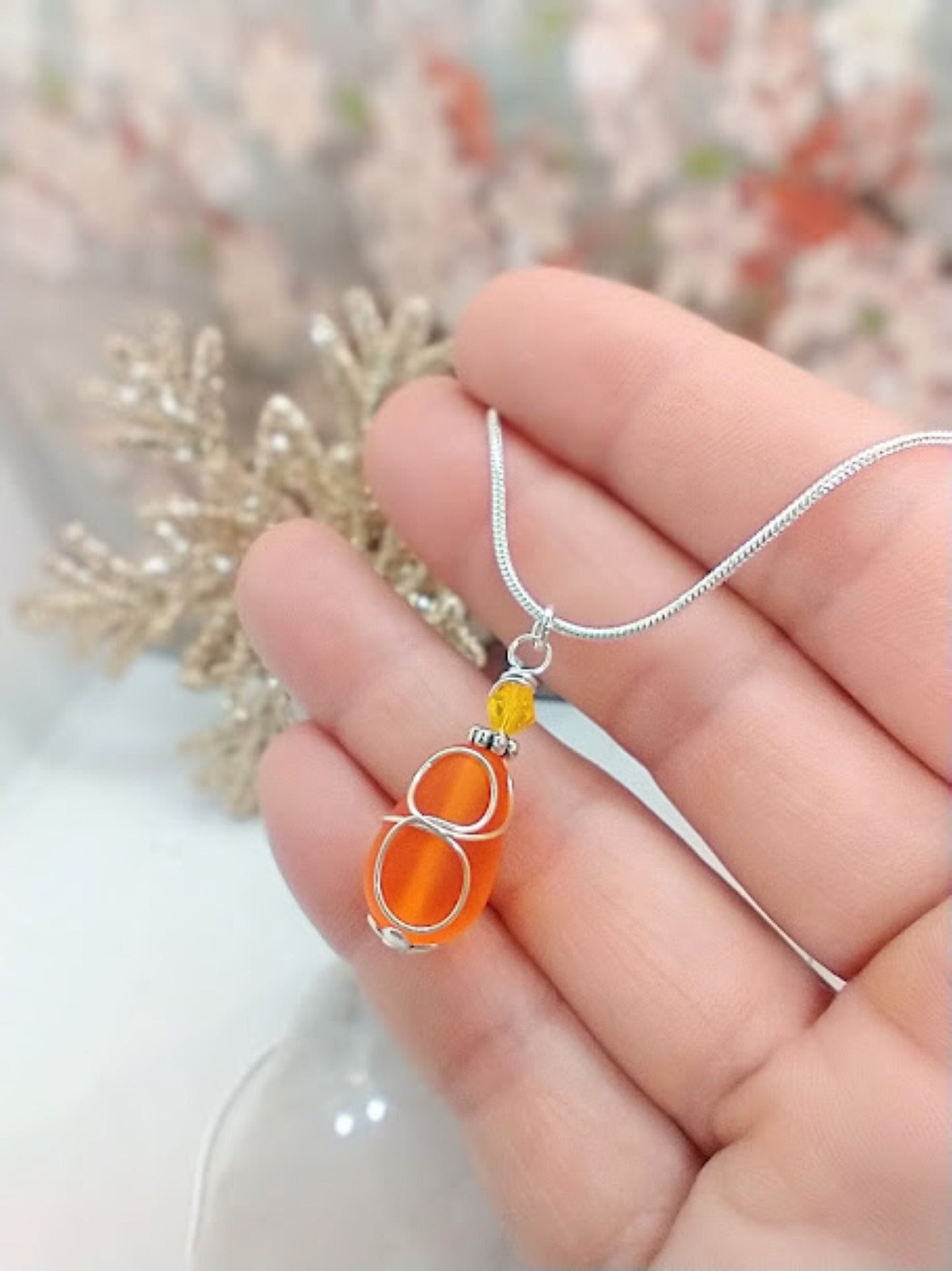 Orange Sea Glass Silver Snake Chain Necklace: Wire Wrapped Pendant