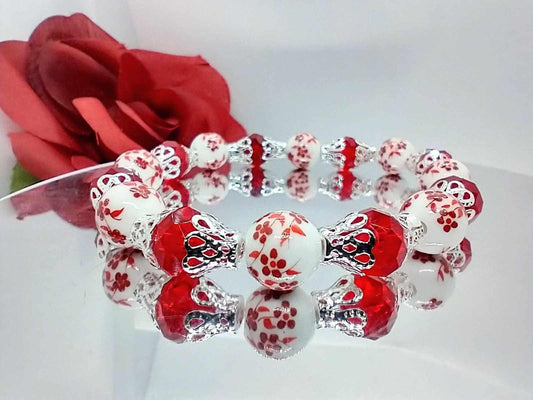 Red Floral Beaded Stretch Bracelet: Silver Plated Flower Jewelry