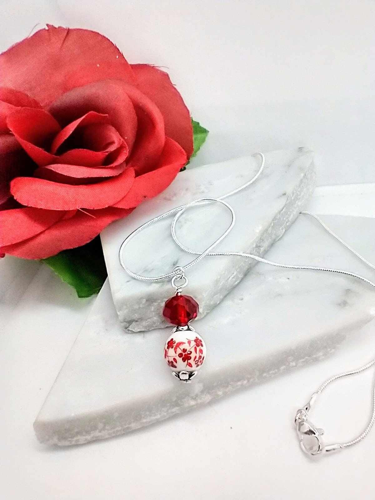 Red Garnet Floral Pendant Necklace: Silver Chain, January Birthstone