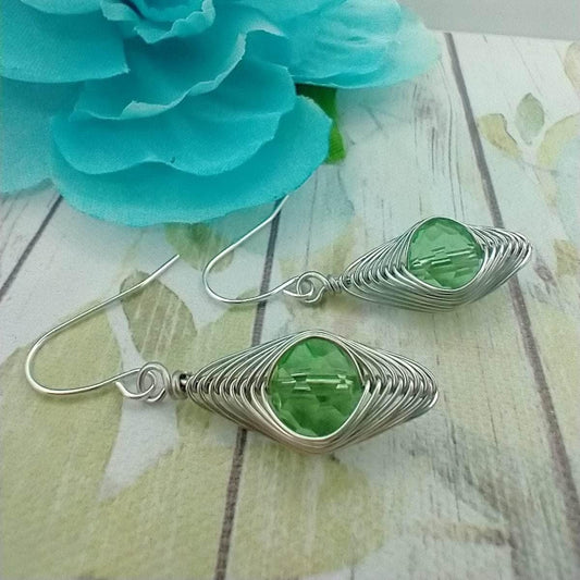 Dainty Crystal Dangle Earrings: Silver Wire Wrapped, Boho Style