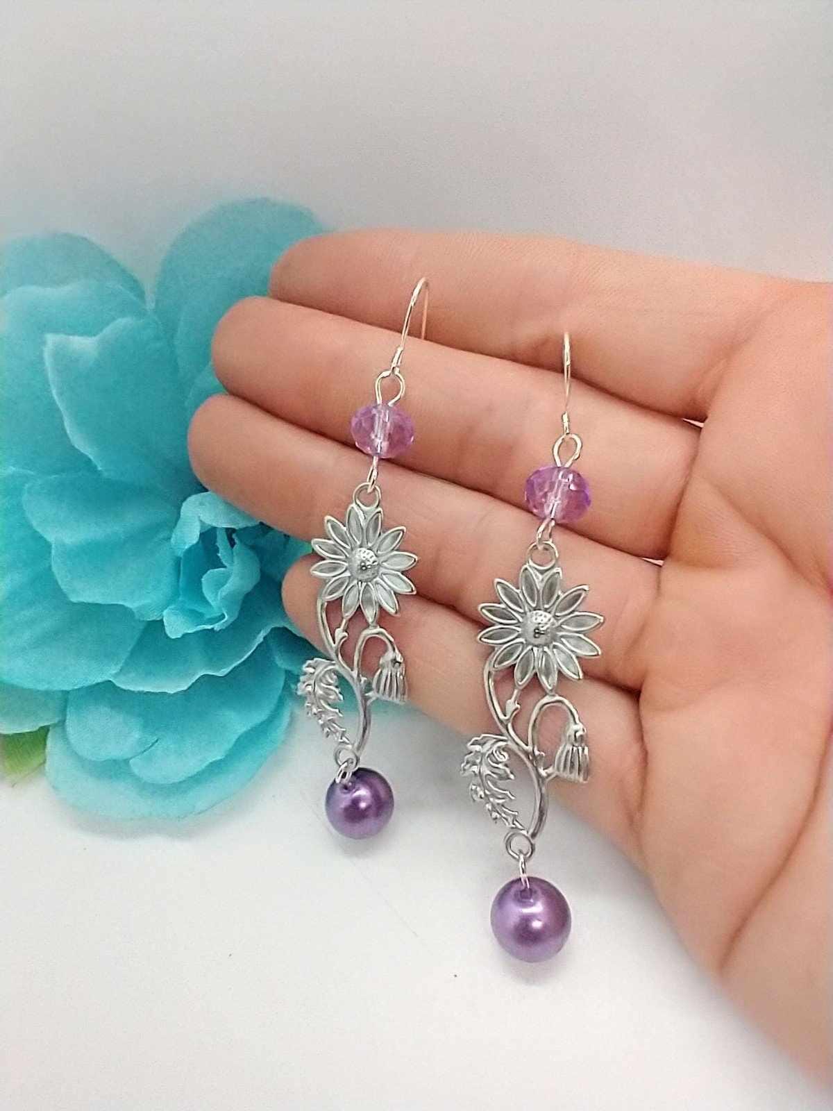 Silver Floral Dangle Earrings: Handmade Purple Pearl Boho Jewelry