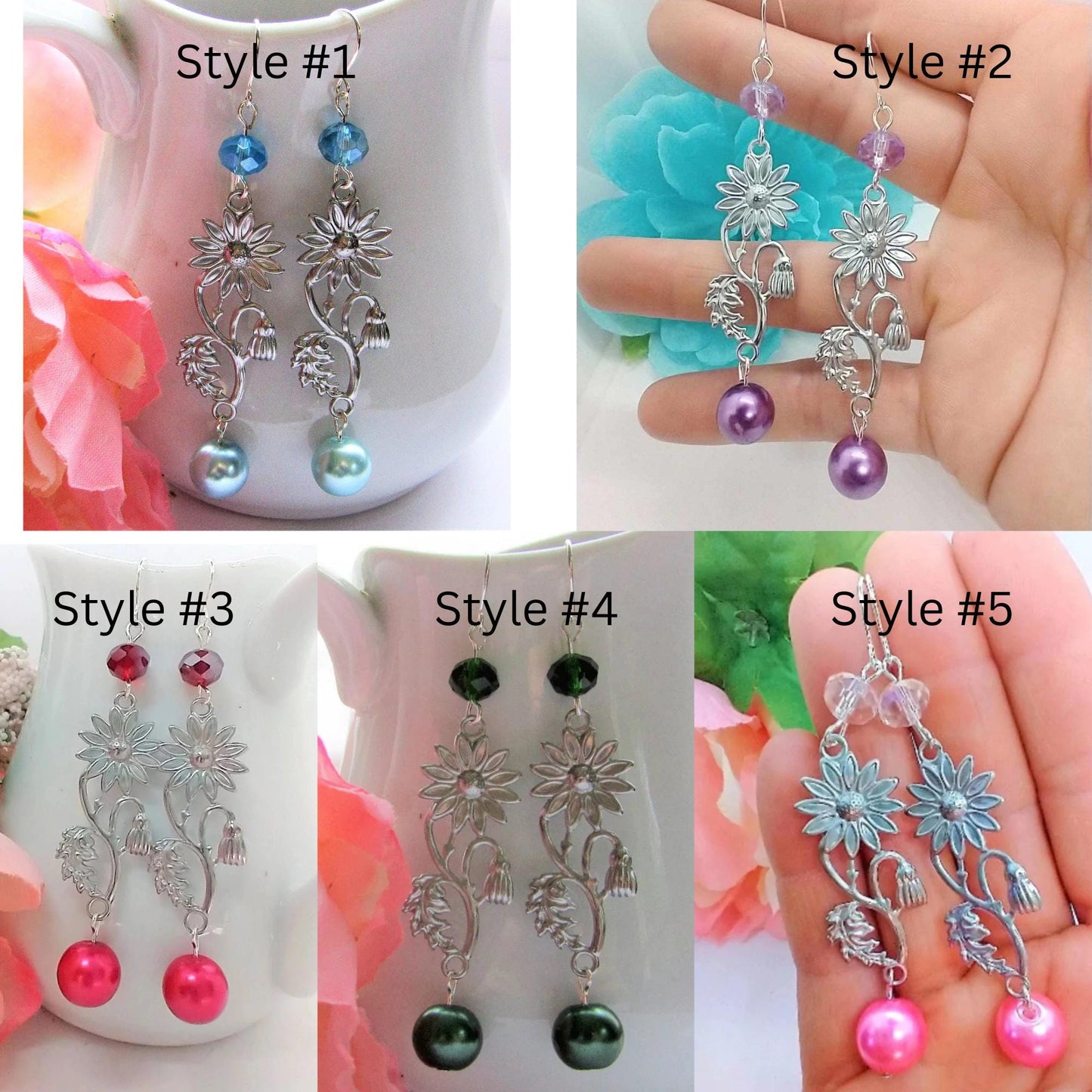 Silver Floral Dangle Earrings: Handmade Purple Pearl Boho Jewelry