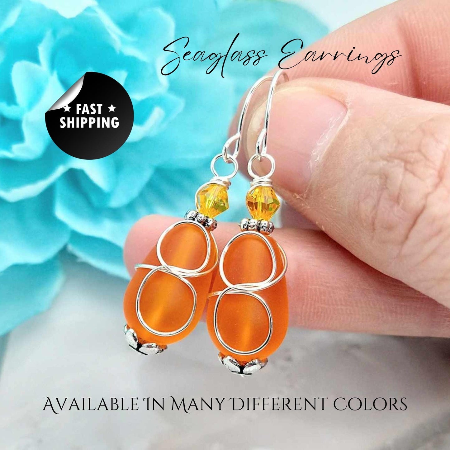 Orange Teardrop Seaglass Earrings: Sterling Silver Dangle Earrings