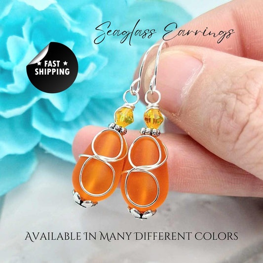 Orange Teardrop Seaglass Earrings: Sterling Silver Dangle Earrings