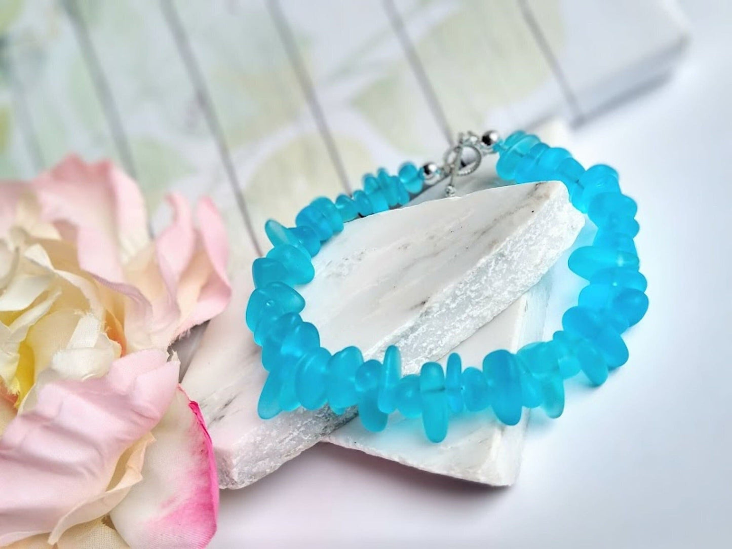 Caribbean Blue Sea Glass Bracelet: Frosted Beachy Jewelry