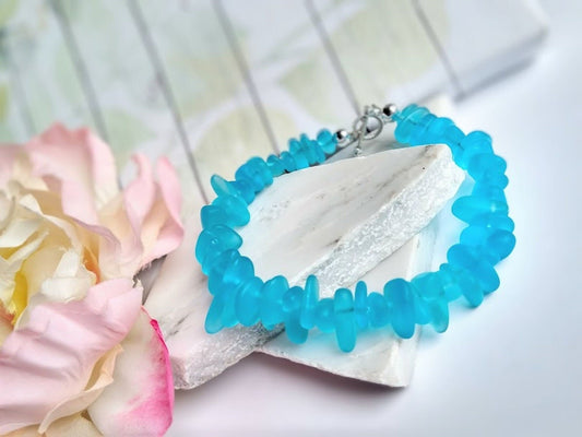 Caribbean Blue Sea Glass Bracelet: Frosted Beachy Jewelry