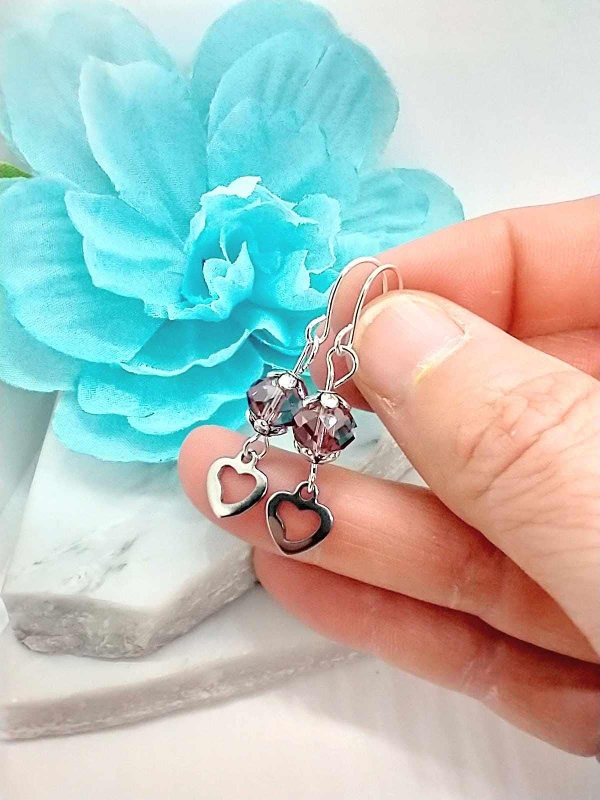 Dangle Heart Earrings: Sterling Silver, Glass Bead, Stainless Steel Charm