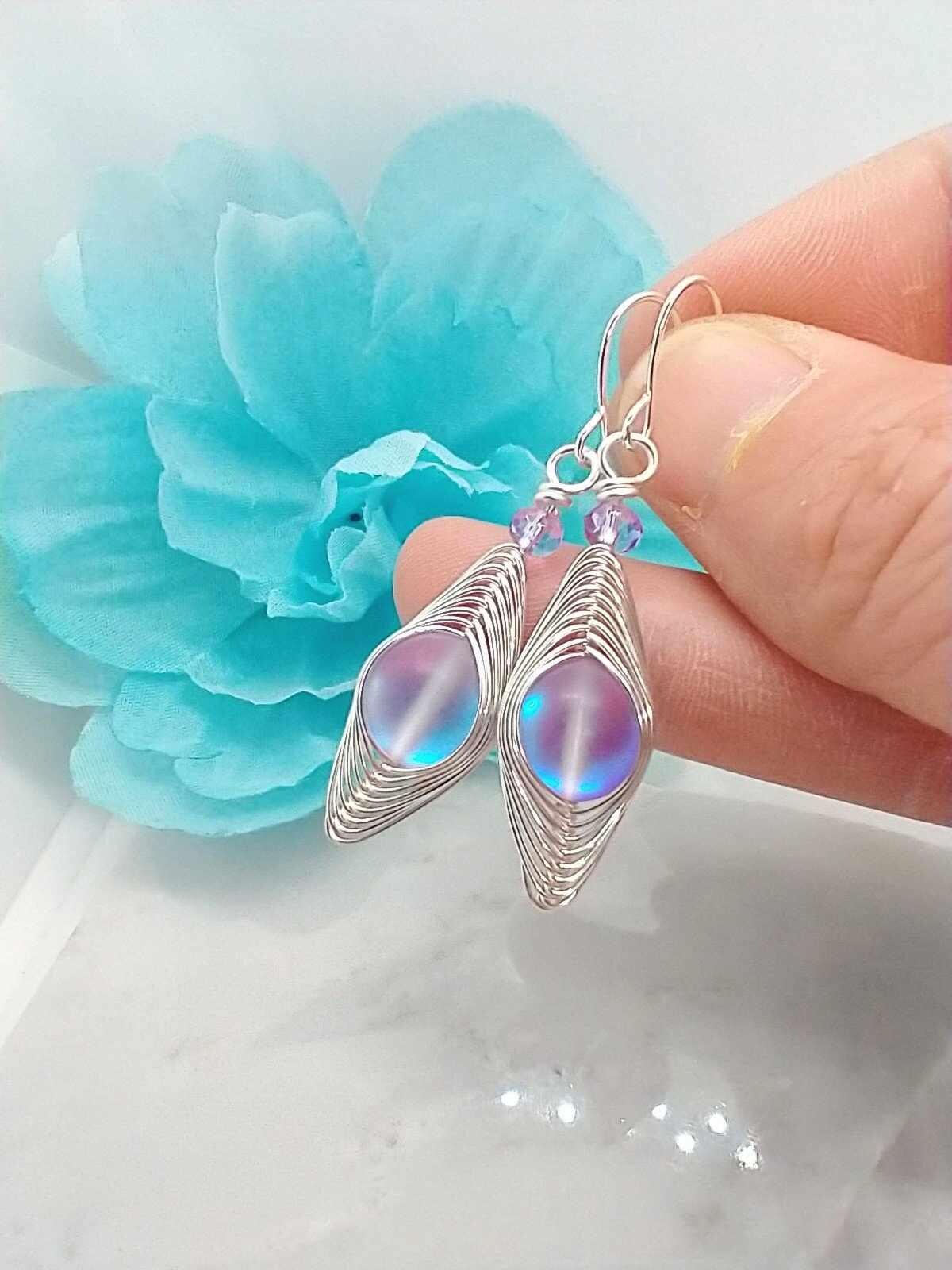Blue Mermaid Glass Earrings: Silver Wire Wrapped Dangle Earrings