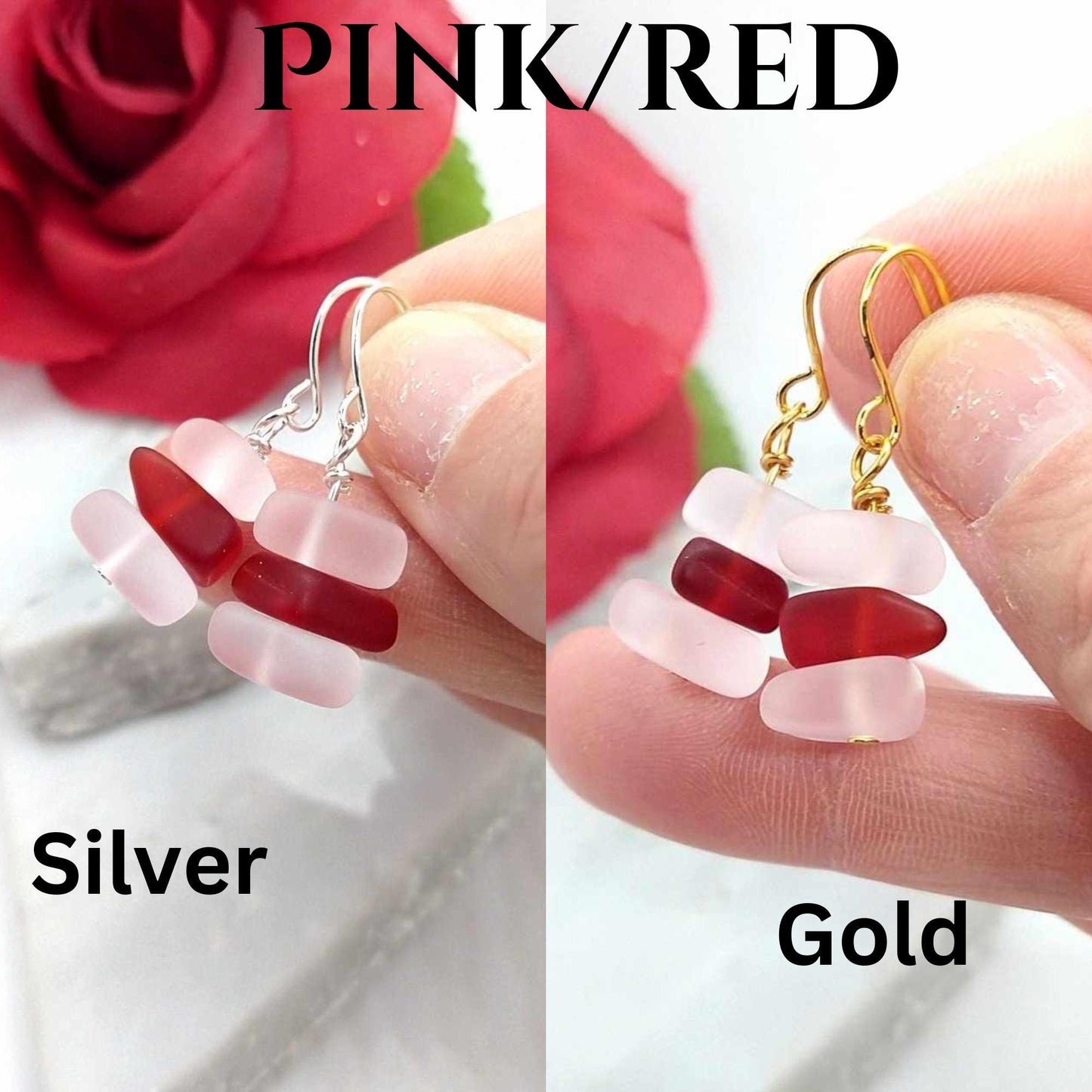 Pink Seaglass Dangle Earrings: Sterling Silver Beach Stone Drop