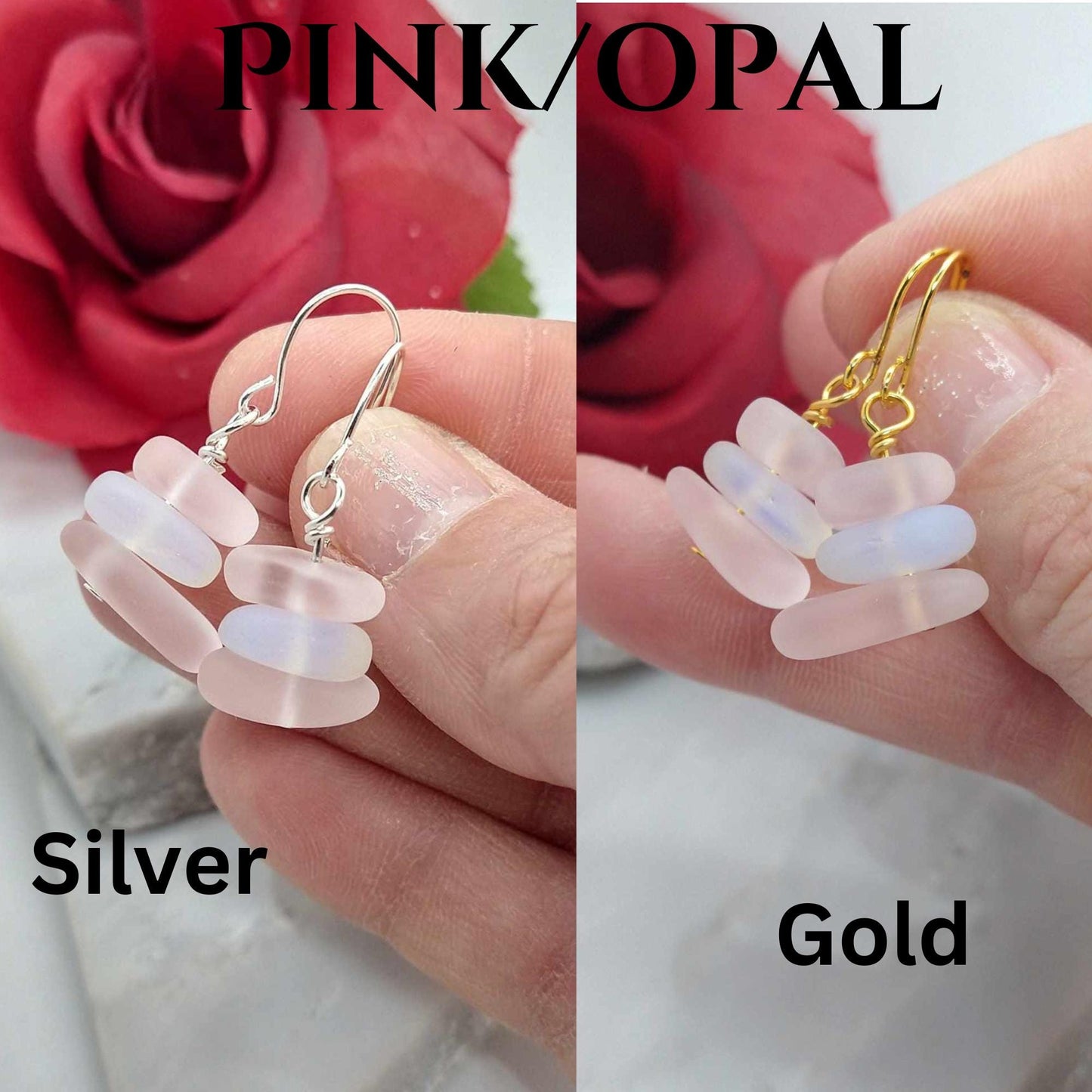 Pink Seaglass Earrings: Sterling Silver Dangle, Beach Stone Drop