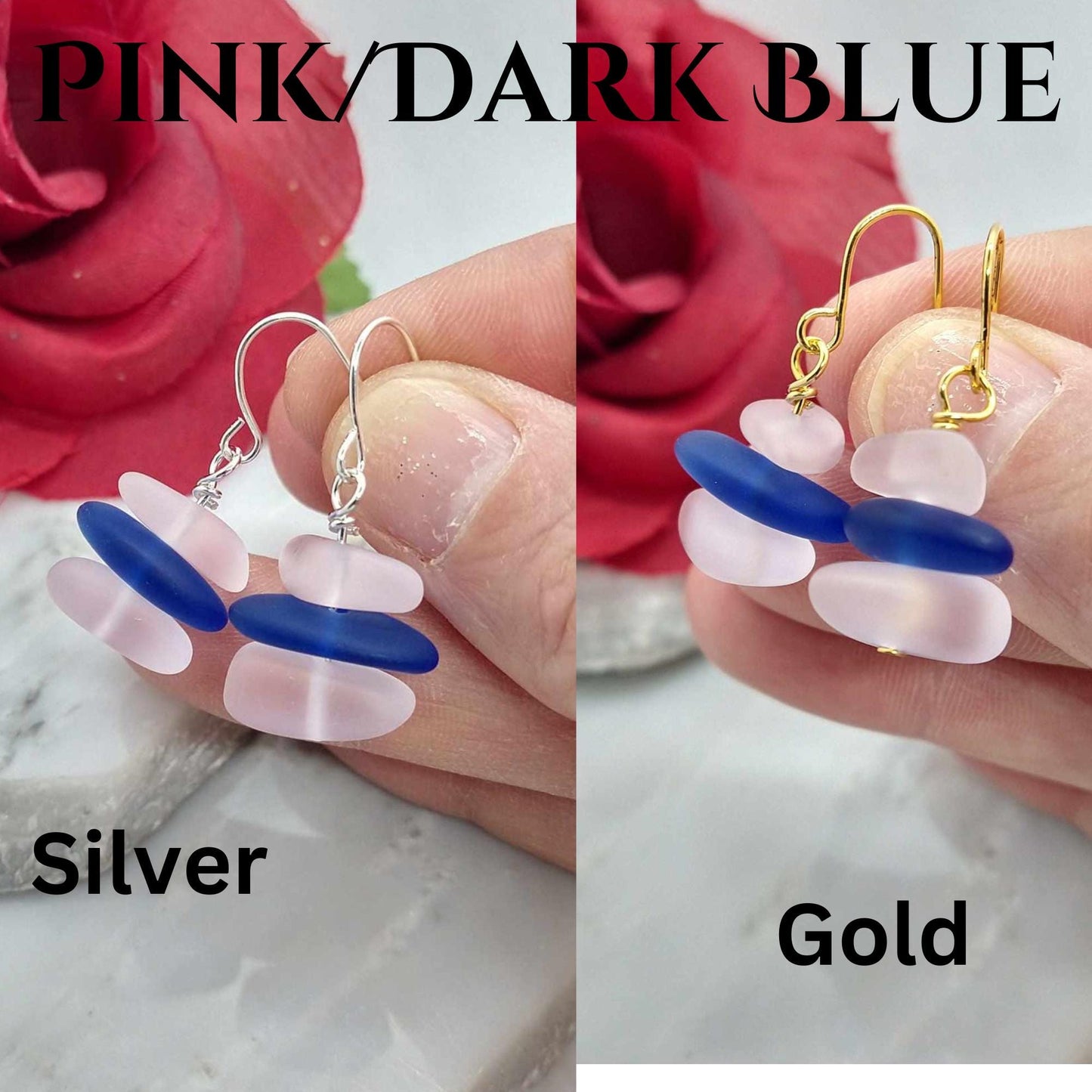 Pink Seaglass Dangle Earrings: Sterling Silver Beach Stone Drop Earrings