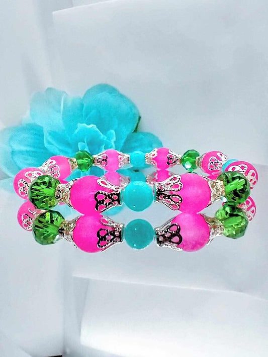 Pink & Green Glass Beaded Bracelet: Boho Statement Jewelry