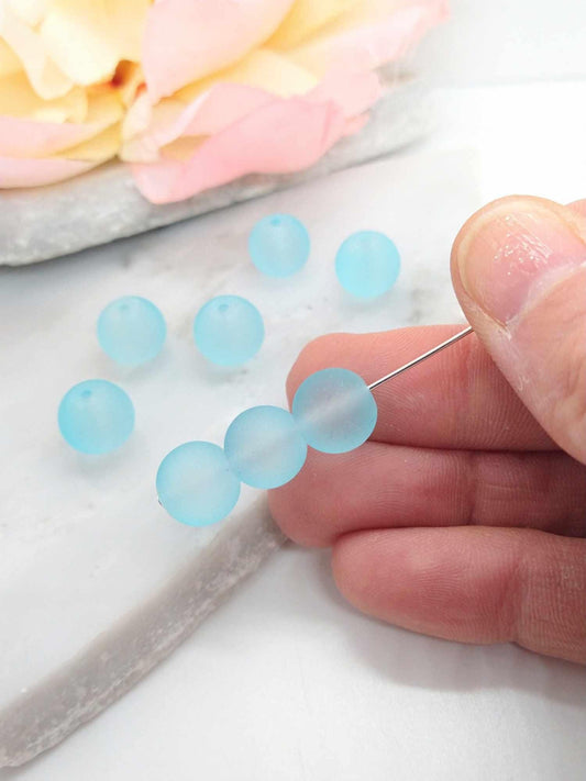 10mm Blue Frosted Glass Round Beads - 10 Piece Pack - Jewelry Making Supplies - Seaglass Beads