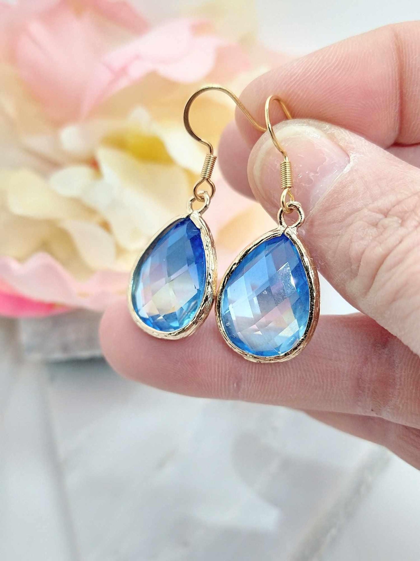 Blue Teardrop Dangle Earrings: 14k Gold, Crystal Bridal Jewelry