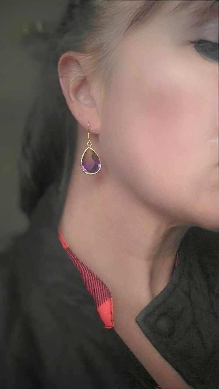 Purple Glass Teardrop Earrings: 14k Gold Dangle Earrings