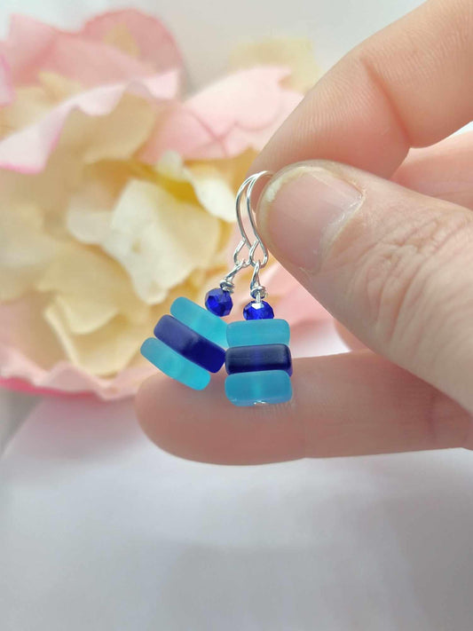 Blue Sea Glass Dangle Earrings: Sterling Silver Beach Jewelry