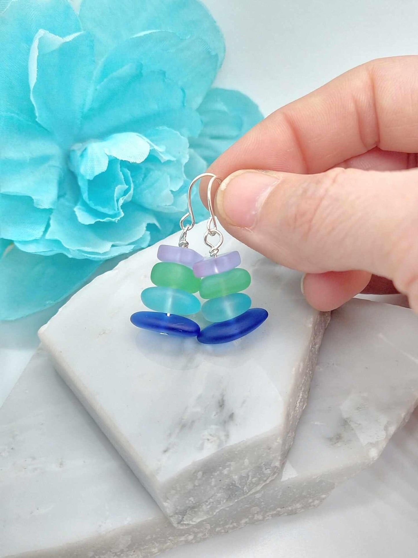 Sterling Silver Sea Glass Dangle Earrings: Multicolor Frosted Glass