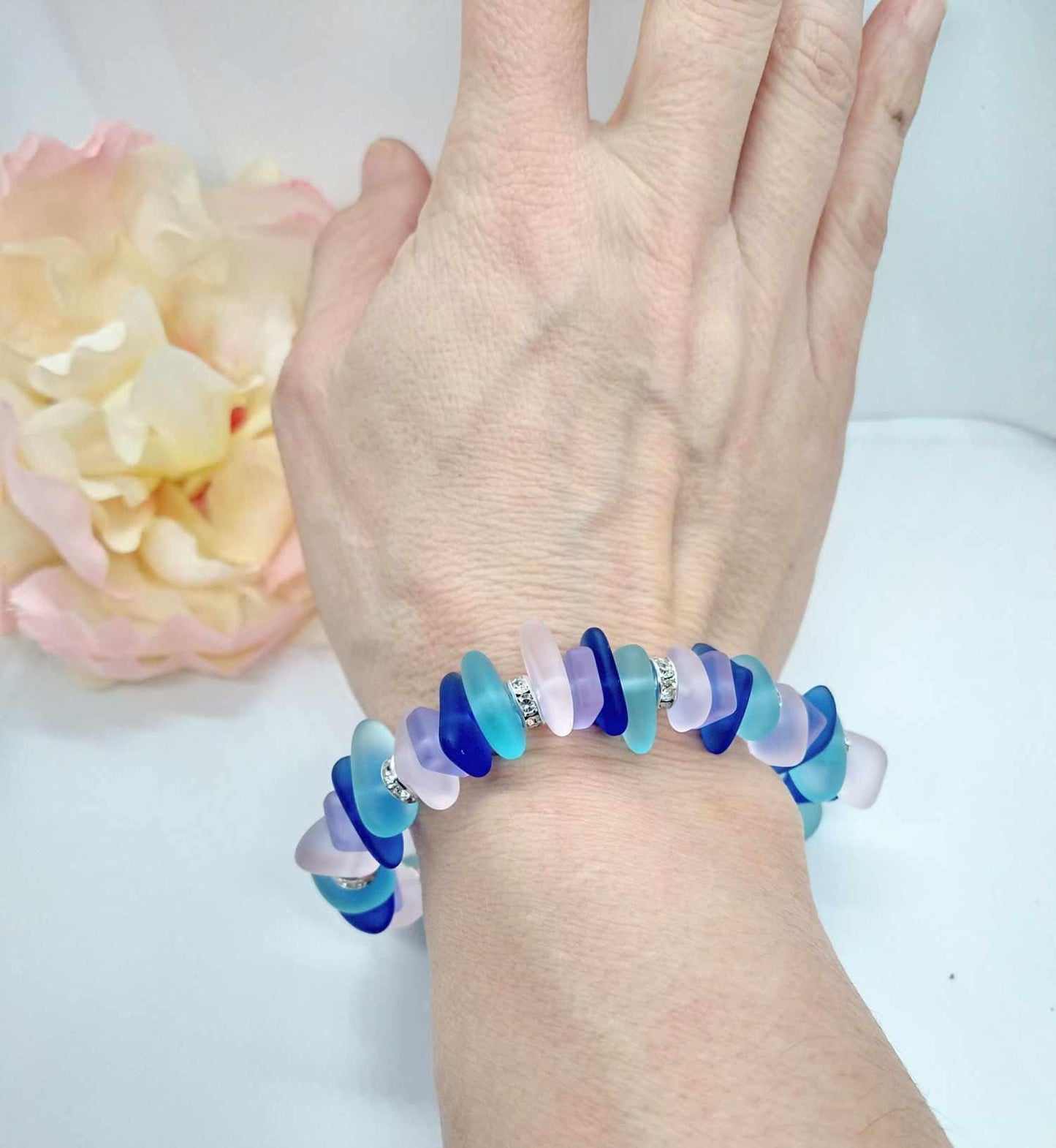 Handmade Sea Glass Stretch Bracelet: Sterling Silver Crystal Accents