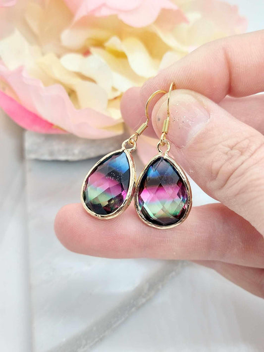 Purple Glass Teardrop Earrings: 14k Gold Dangle Earrings