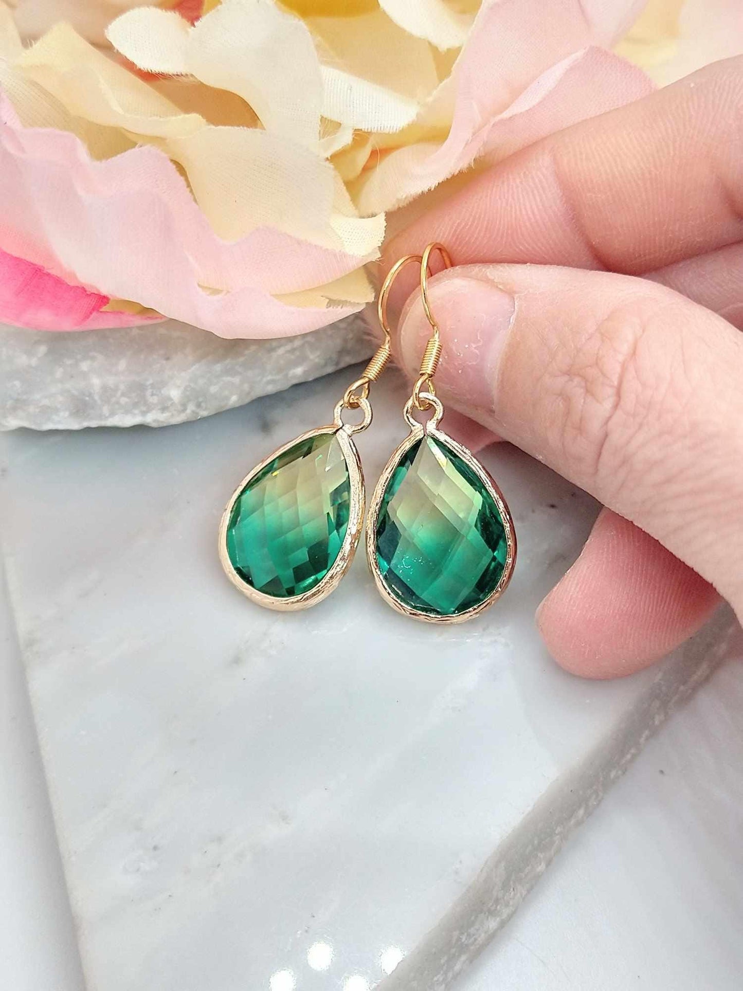 Green & Yellow Glass Teardrop Earrings: Gold Dangle Jewelry