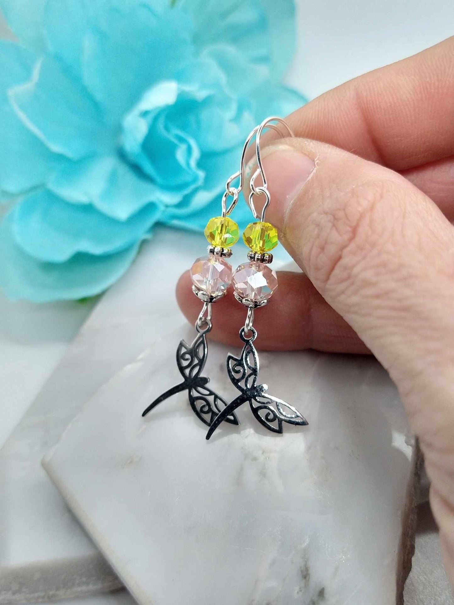 Stainless Steel Dragonfly Earrings: Glass Dangle Charms