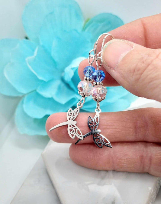 Stainless Steel Dragonfly Earrings: Glass Dangle Charms