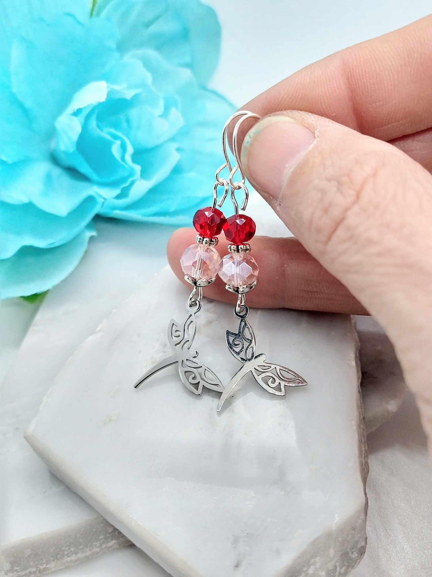 Stainless Steel Dragonfly Earrings: Glass Dangle Charms