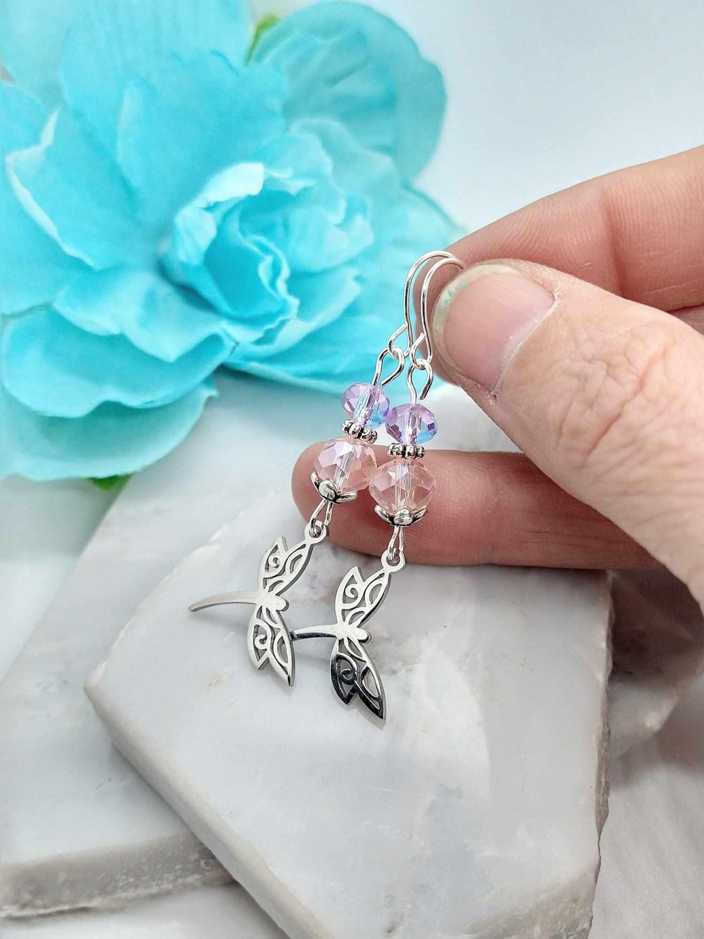 Stainless Steel Dragonfly Earrings: Glass Dangle Charms