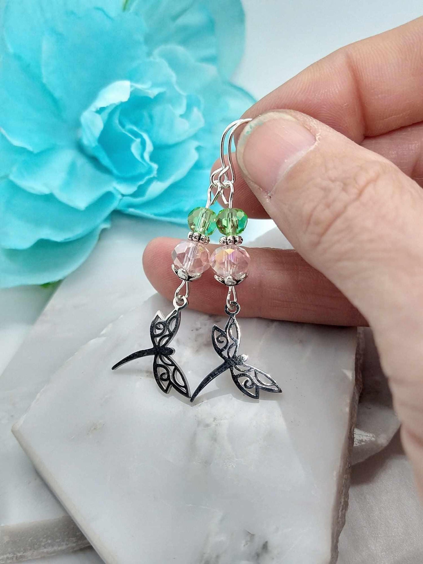 Stainless Steel Dragonfly Earrings: Glass Dangle Charms
