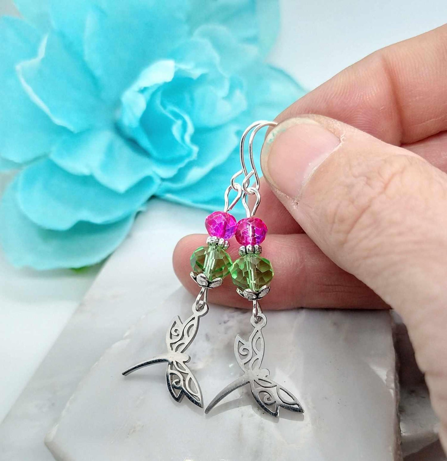 Dragonfly Charm Earrings with Glass Dangles - Stainless Steel Jewelry - Gift For Nature Lover - Dragonfly Jewelry